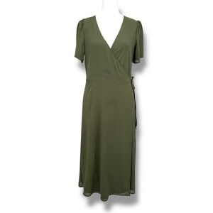 Oak + Fort Wrap Midi Dress S Olive Green Chiffon Flutter Sleeve Minimalist NWT